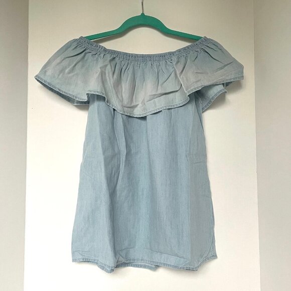 Soft Joie Off Shoulder Blouse Womens Blue Ruffle Cotton Chambray Relaxed Top - Picture 3 of 6